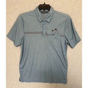 Travis Mathew Mens Polo Shirt Large Blue Palm Tree Chest Pocket Golf Performance